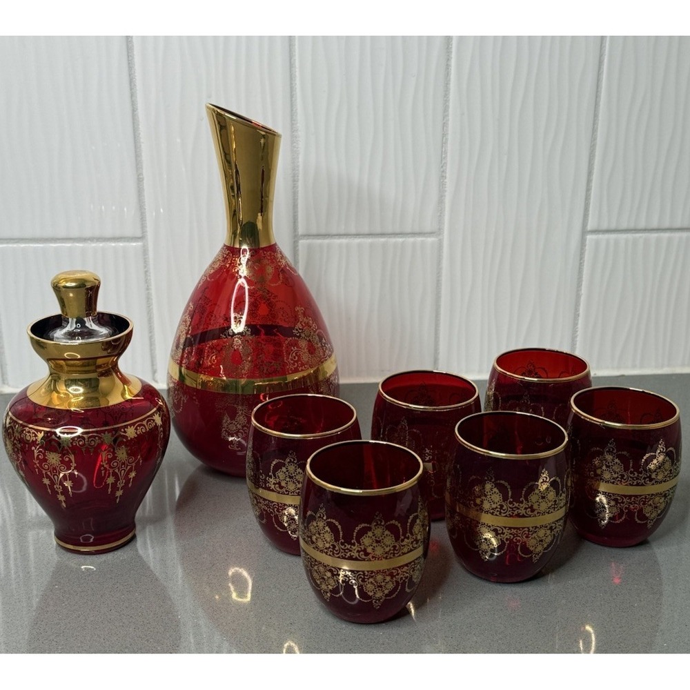 Vtg Laguna Murano Set 9 Glass Decanter, Jar & 6 Glasses Hand-Blown Ruby Red Gold